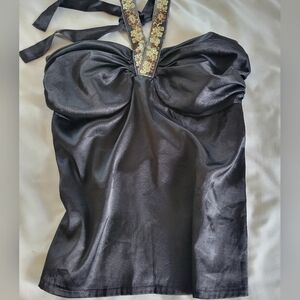 Vintage Le Chateau Satin Halter Top with Embroidered Sequined Straps